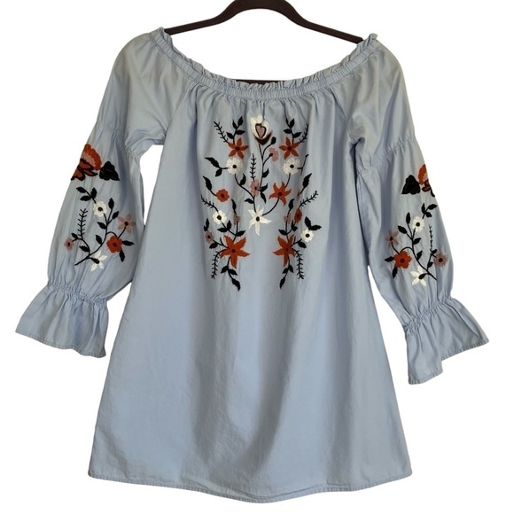 Sky and Sparrow Boho Off-the-Shoulder Floral Embroidered Mini Dress in Blue Sz S - Picture 2 of 16